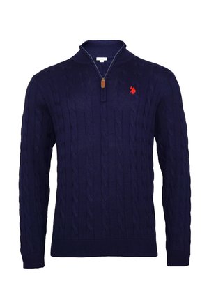 Pull en tricot côtelé bleu marine avec zip quart et logo de joueur de polo rouge brodé sur la poitrine à gauche.