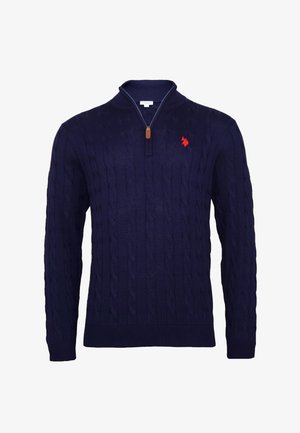 Pulover din lână tricotat cu un model în formă de cablu, de culoare albastru marin, cu fermoar pe un sfert și logo-ul brodat al jucătorului de polo roșu pe pieptul stâng.