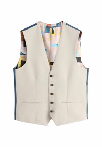 Gilet beige clair avec un décolleté en V, cinq boutons marron et des accents latéraux bleus. Doublé d'un motif géométrique coloré.
