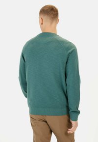 Turquoise cotton sweatshirt with a textured design, raglan sleeves, and ribbed cuffs. View from the back, worn with khaki pants.