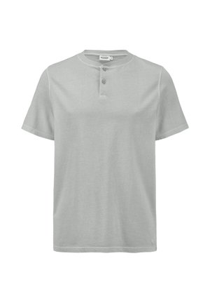 Helles graues kurzärmeliges T-Shirt aus weicher Baumwolle, mit Rundhalsausschnitt, zwei Druckknöpfen und einem lässigen Schnitt.