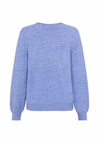 Helles blauer gestrickter Pullover mit langen, leicht gepufften Ärmeln und gerippten Bündchen. Weiche Textur und einfaches Design mit Rundhalsausschnitt.