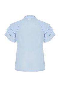 Light blue blouse with short, layered ruffle sleeves. Smooth fabric with a round neckline and gathered detailing at the back.