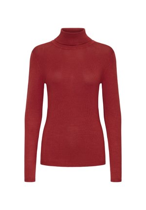 Pull à col montant rouge avec manches longues, fabriqué en tissu doux et léger. Présente un design ajusté et un col côtelé.