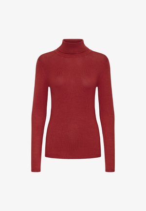 Pull à col montant rouge avec manches longues, fabriqué en tissu doux et léger. Présente un design ajusté et un col côtelé.