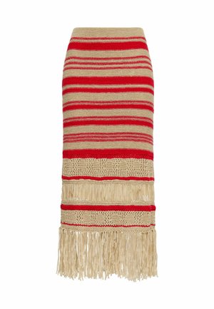 Gonna a matita in maglia con strisce orizzontali rosse e beige, caratterizzata da motivi intrecciati e bordo con frange beige sull'orlo.