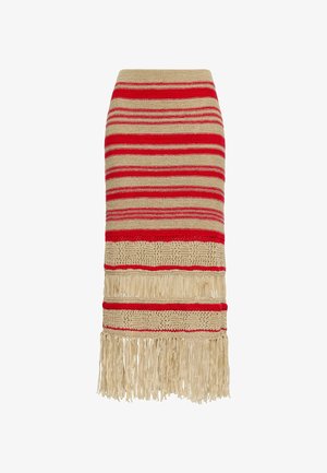 Strick-Bleistiftrock mit horizontalen roten und beigen Streifen, versehen mit gewebten Mustern und beigem Fransenbesatz am Saum.