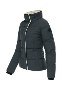 Giacca invernale trapuntata grigio scuro con colletto alto, dettagli crema e polsini neri a coste. Dotata di chiusura con zip e tasche laterali.