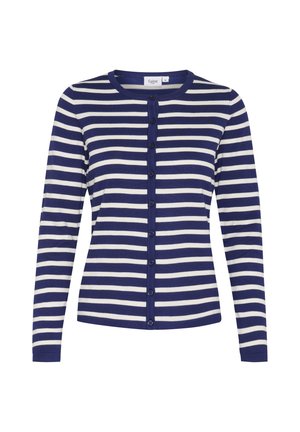 Cardigan a righe blu navy e bianche realizzato in materiale morbido, con scollatura rotonda, maniche lunghe e sei bottoni frontali.
