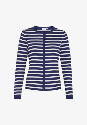 Tumed ja valged triibulise mustriga kardigan, mis on valmistatud pehmest materjalist, ümmarguse kaelusega, pika varrukaga ja kuue esi-nupuga.