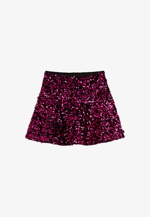 Falda corta y acampanada cubierta de lentejuelas rosas y moradas, con una cinturilla negra. La tela es suave y tiene una textura brillante.