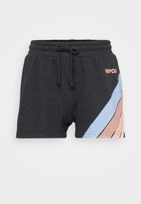 Pantalones cortos de algodón negros con cintura elástica y cordón, que presentan rayas diagonales en azul, rosa y crema, con un logo en la parte frontal.