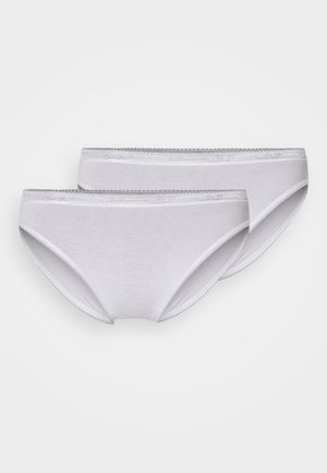 Two pairs of light gray cotton briefs with a smooth texture, featuring a decorative trim along the waistband and leg openings.