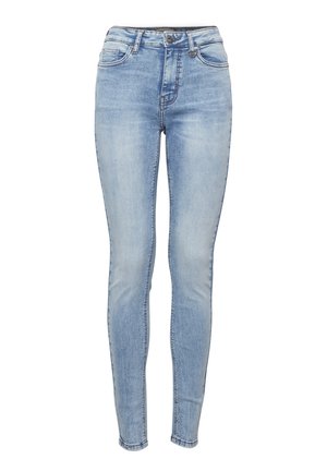 Gai zilo ādas bikses, kas izgatavotas no denim, ar izbalējušu apdari, piecām kabatām, jostu cilpiņām, priekšējo rāvējslēdzēju un pogu aizdari.