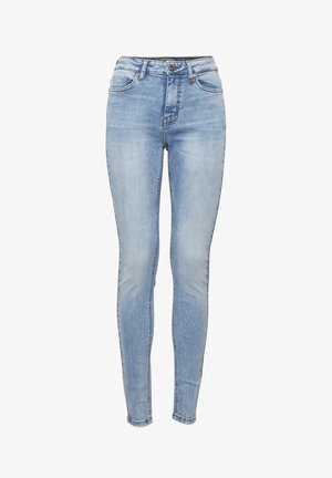 Ljusblå skinny jeans gjorda av denim med en blekt tvätt, fem fickor, bältesömmar, framdragkedja och knappstängning.