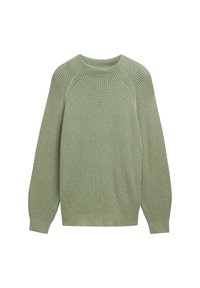 Hellgrüner, gerippter Pullover mit Rundhalsausschnitt, verlängerten Ärmeln und lässiger Passform. Hergestellt aus weichem Material und mit einer strukturierten Oberfläche.
