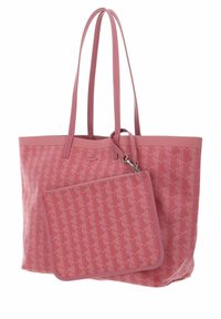 Sac à main en cuir rose avec un motif géométrique, doté de deux longues poignées et d'une pochette zippée assortie et amovible.