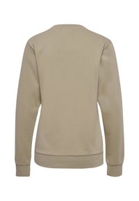 Helles beiges Baumwoll-Sweatshirt mit Rundhalsausschnitt, langen Ärmeln und gerippten Bündchen, das eine glatte Textur und ein einfaches, schmuckloses Design aufweist.