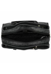 Borsa a tracolla nera con più scomparti zip, aperta per mostrare l'interno vuoto con rivestimento in tessuto firmato.