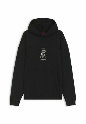 Black hoodie made of cotton blend, featuring a central white graphic depicting boxers, a front kangaroo pocket, and ribbed cuffs.