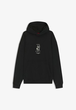 Black hoodie made of cotton blend, featuring a central white graphic depicting boxers, a front kangaroo pocket, and ribbed cuffs.