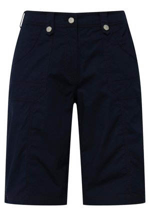 Marineblaue Cargo-Shorts aus leichtem Material, mit zwei Fronttaschen, zwei Seitentaschen und dekorativen silbernen Knöpfen.