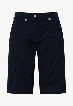 Pantaloni cargo blu navy realizzati in tessuto leggero, dotati di due tasche anteriori, due tasche laterali e bottoni decorativi in argento.