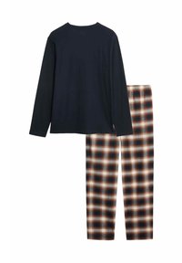 Maglia a maniche lunghe blu scuro abbinata a pantaloni a quadri nei colori marrone, arancione e crema. Tessuto morbido con una vita elastica sui pantaloni.