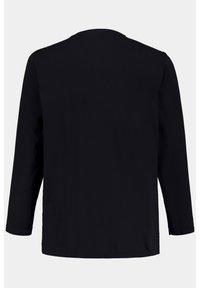 Langärmliges Shirt aus festem schwarzem Baumwollstoff, mit rundem Halsausschnitt und geradem Saum, glatter Textur und ohne sichtbare Muster.