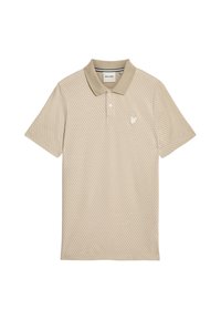 Beige Poloshirt mit einem strukturierten Rautenmuster, drei Knöpfen am Kragen und einem kleinen gestickten Logo auf der linken Brust.