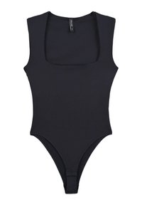Body nero realizzato in tessuto liscio con scollatura quadrata, design senza maniche, apertura alta sulle gambe e dettagli di cucitura minimi.