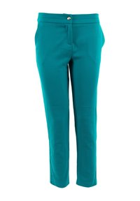 Pantalons ajustés teal avec une texture lisse, poches avant et fermeture à bouton devant. Présente une taille sans passants de ceinture visibles.
