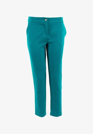 Pantaloni slim-fit color teal con una texture liscia, tasche frontali e chiusura con bottone anteriore. Presentano un cinturino senza passanti visibili.