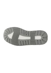 Grijze sneakerzool met verschillende textuurpatronen voor grip, een glanzende witte tussenzool en contourede secties voor voetondersteuning.