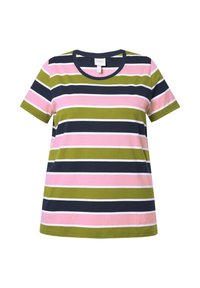 Camiseta de manga corta y cuello redondo con rayas horizontales en azul oscuro, verde oliva, rosa claro y blanco. Material de algodón suave.