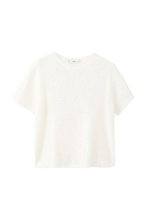 Bela kratka majica s kratkimi rokavi in ribanim tekstilom ter okroglim izrezom. Mehak material in sproščen kroj, ki se ponaša s preprostim dizajnom brez dodatnih vzorcev.