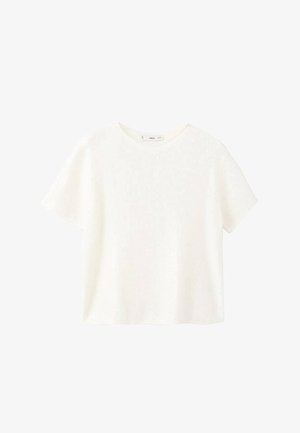 Bela kratka majica s kratkimi rokavi in ribanim tekstilom ter okroglim izrezom. Mehak material in sproščen kroj, ki se ponaša s preprostim dizajnom brez dodatnih vzorcev.