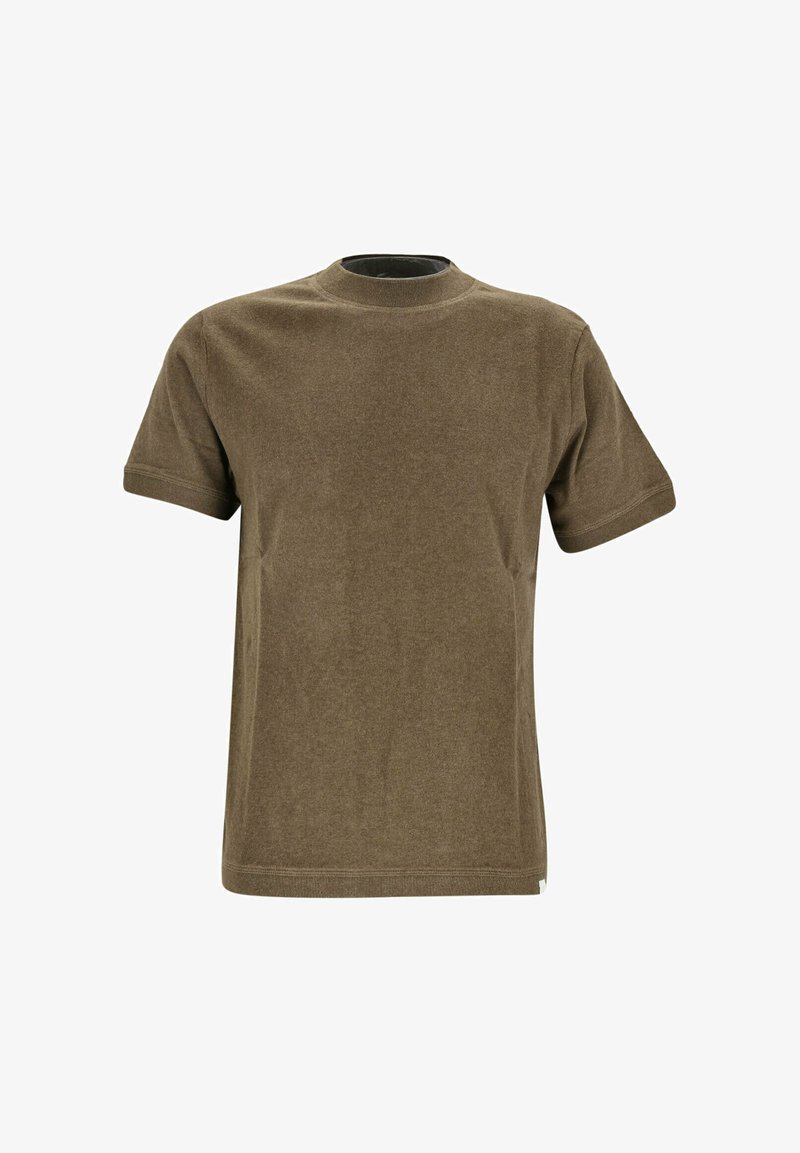 Braun Baumwoll-T-Shirt mit rundem Ausschnitt und kurzen Ärmeln. Glatte Textur und klares Design, ohne sichtbare Muster oder Akzente.