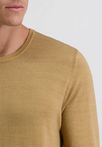 Mann in einem hellbraunen Strickpullover, der den Ausschnitt, die Schulter und einen Teil des Gesichts vor einem weißen Hintergrund zeigt.