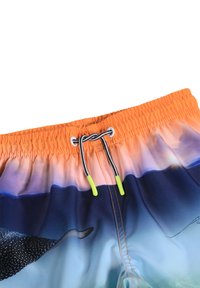 Pantaloni da nuoto con una cintura arancione. Il design presenta una sfumatura dall'arancione al blu, raffigurante immagini oceaniche e una razza.