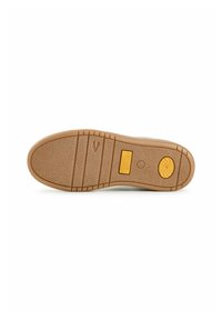 Podeszwa beżowego buta z teksturowanym gripem, trzema poziomymi rowkami, logo "camel active", rozmiar 37 oraz żółtym okrągłym detalem w pobliżu pięty.