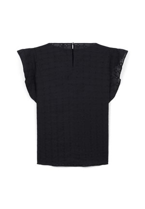 Blouse noire à manches volantées, tissu texturé avec un motif en losange, et fermeture dos à trou.