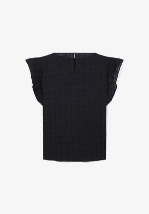 Blouse noire à manches volantées, tissu texturé avec un motif en losange, et fermeture dos à trou.