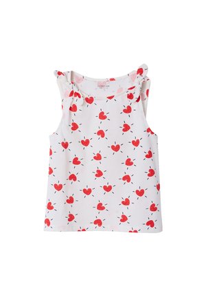 Weißes ärmelloses Kleinkind-Top mit roten Herzmustern und kleinen schwarzen Strichen, mit gebundenen Trägern an den Schultern.