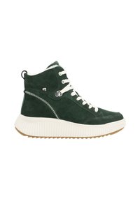 Baskets montantes en daim vert avec des lacets blancs et une semelle en caoutchouc blanc nervuré. Dotées de coutures contrastantes et d'une petite boucle à l'arrière.