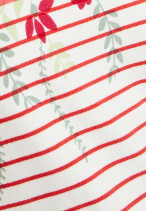 Katoenen stof met rood-witte horizontale strepen en bloempatronen in rood en groen. Glad oppervlak, lichtgewicht ontwerp.