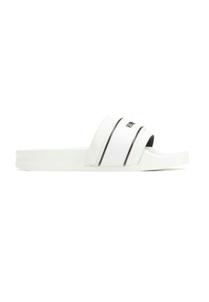 Sandales blanches à glissière avec deux rayures noires sur le dessus, dotées d'une semelle robuste et d'un design simple. Le texte indique "RIPNDIP."