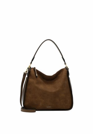 Bolso de hombro de piel marrón con un asa, herrajes dorados y una correa ajustable y desmontable sobre fondo blanco.