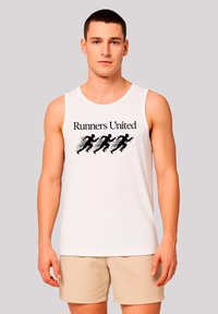 White tank top with "Runners United" text in black, featuring a graphic of three running figures in motion. Smooth fabric and sleeveless design.