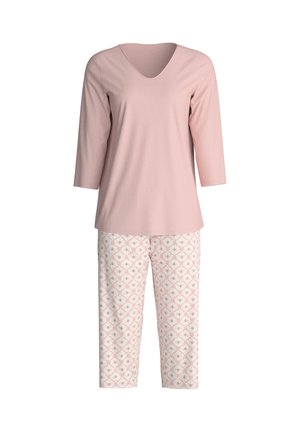 Pyjamaset bestaande uit een lichtroze top met V-hals en cropped broek met een bloemmotief in tinten roze en wit. Zacht, lichtgewicht materiaal.
